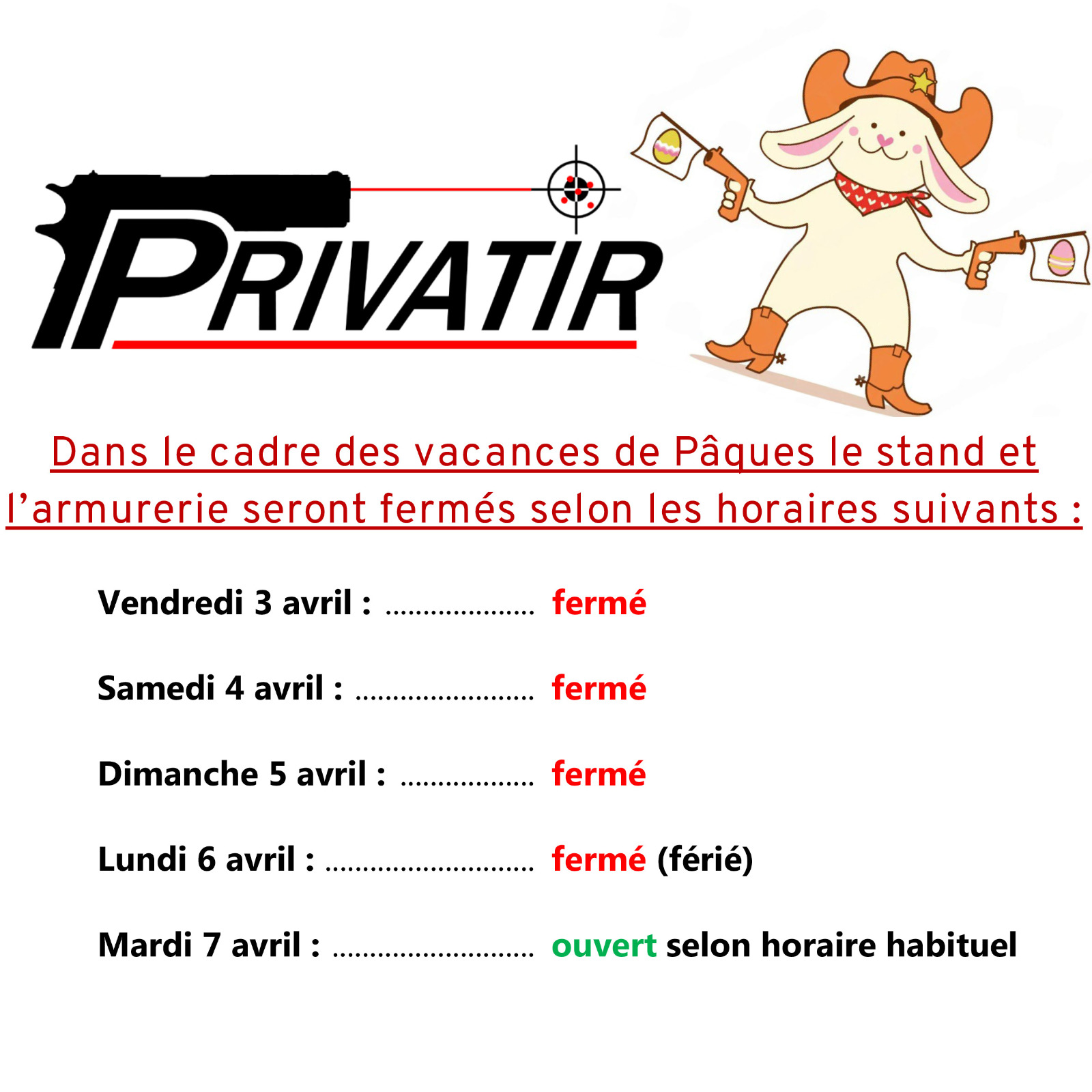 Horaires Paques 2026 Privatir